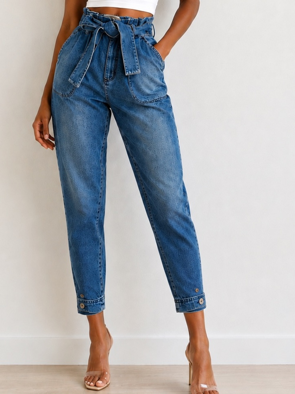 Something Navy Slim Straight Blue Denim Paperbag Jeans with Self-Tie Belt